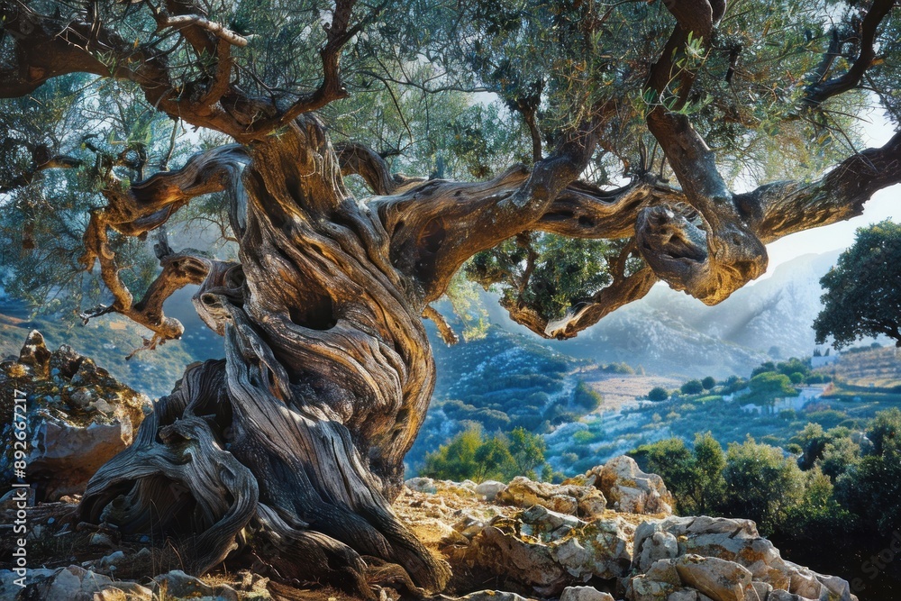 Poster a large tree with a trunk that is twisted and gnarled