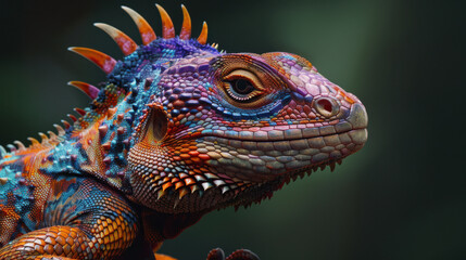 Fototapeta premium Colourful iguana in a natural environment in nature and on a dark background of greens and rocks