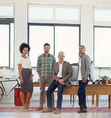 Obraz premium Group, office and people for startup in portrait with diversity, pride for web design company or job. Team, entrepreneurs and business community for website development or global career with digital