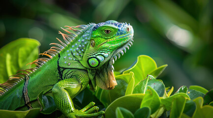 Obraz premium Colourful iguana in a natural environment in nature and on a dark background of greens and rocks