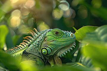 Colourful iguana in a natural environment in nature and on a dark background of greens and rocks