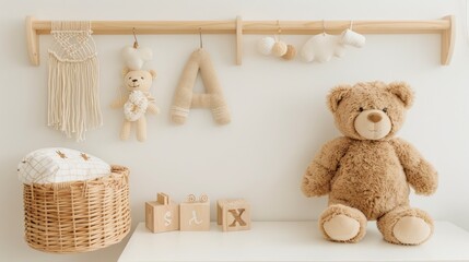 A white teddy bear hangs on a wooden shelf in a room with a floral wallpaper. A white picture frame is on the shelf, along with a ball of twine