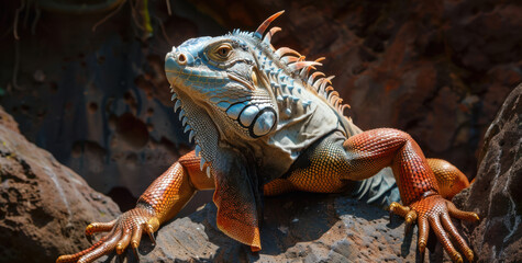 Obraz premium Colourful iguana in a natural environment in nature and on a dark background of greens and rocks