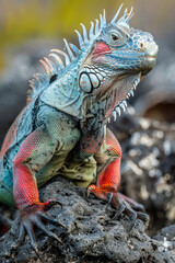 Fototapeta premium Colourful iguana in a natural environment in nature and on a dark background of greens and rocks