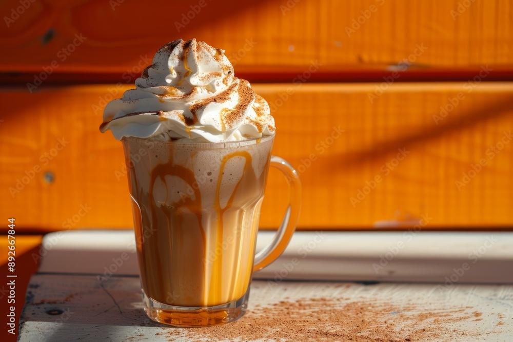 Poster caramel drizzled latte topped with whipped cream and a dusting of cinnamon