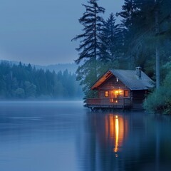 Fototapeta premium A high-quality stock image of a serene lakeside cabin at dusk. The scene is peaceful and picturesque. AI generation.
