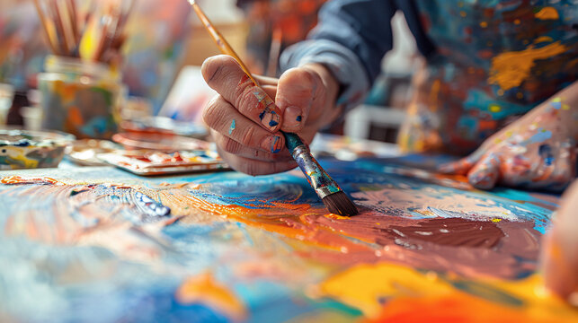 Adults in a private art lesson, with focus on their hands painting on canvases, capturing the creativity and attention to detail 