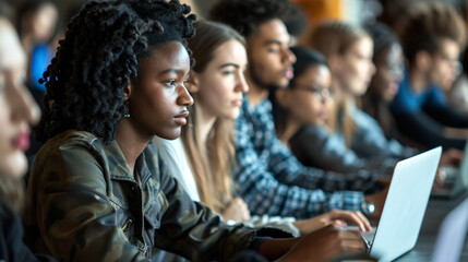Group of adults participating in a creative writing class, focusing on their hands typing on laptops and expressions of concentration 