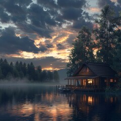 Fototapeta premium A high-quality stock image of a serene lakeside cabin at dusk. The scene is peaceful and picturesque. AI generation.