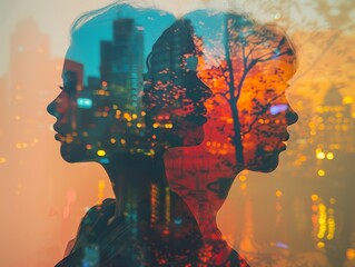 Double exposure portrait of a woman with city and autumn scenery.