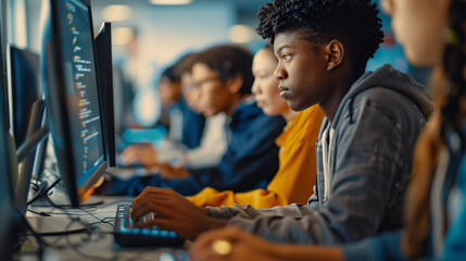 Adults in a computer lab, with focus on their hands typing on keyboards and the monitors displaying coding or educational software 