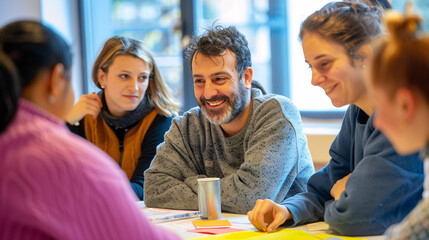 Group of adults practicing conversational skills in a language class, with focus on their expressive faces and the interactive materials they are using 