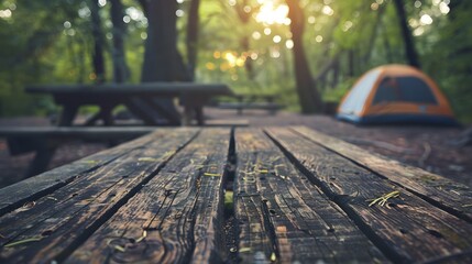 Wood table and Blurred camping and tents in forest. Good morning and fresh start of the day. 
