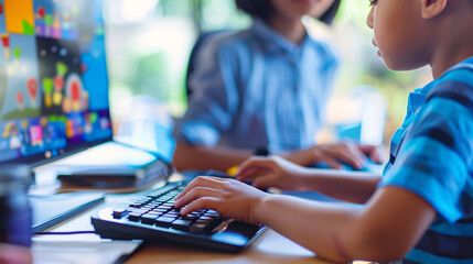 Teacher working with a student on a computer, focusing on their hands typing and the computer screen displaying educational software 
