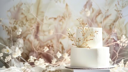 minimalist white cake with delicate, edible gold vines, set against a backdrop of an opulent, botanical-themed gala