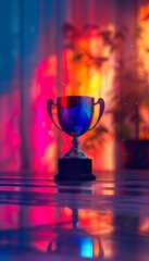 Two golden trophies with colorful bokeh background.