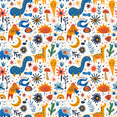 Colorful hand drawn pattern with giraffe, elephant, and sun motifs