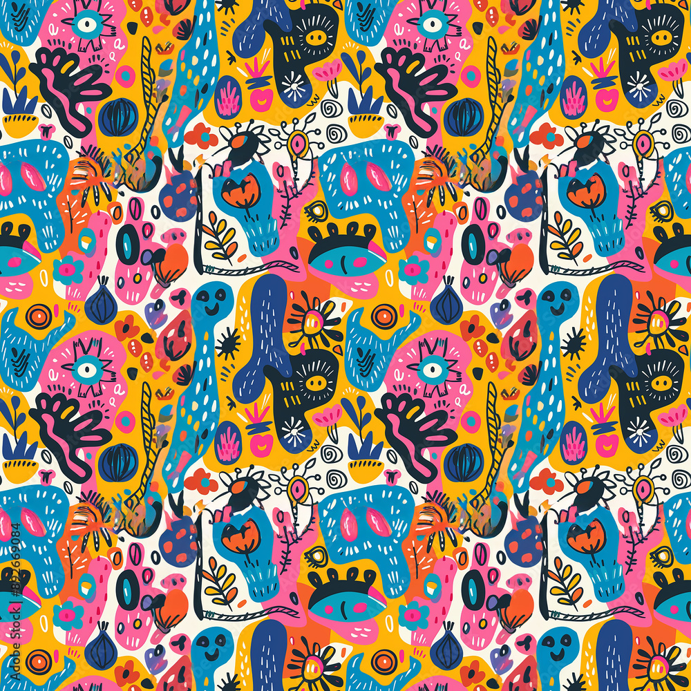 Poster colorful abstract pattern with hand-drawn shapes and motifs