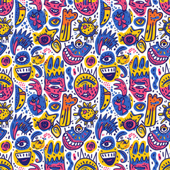 Abstract hand drawn doodle pattern with colorful eyes, smiles, and sun shapes