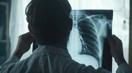 Medical professional examining a lung X-ray with cancer indications, demonstrating the diagnostic process and healthcare intervention.