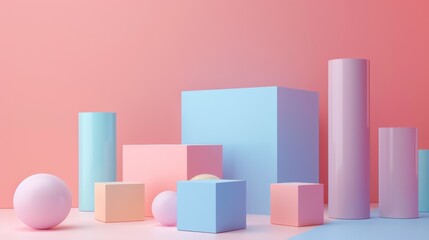 A colorful display of cubes and spheres on a pink background