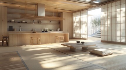Minimalist Japanese kitchen and living room design, featuring a harmonious blend of tatami mats, light wood, and contemporary touches