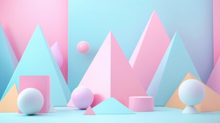 A colorful scene of pink, blue, and yellow shapes and spheres