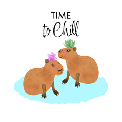 Time to chill clipart with two cute capybara in hand drawn cartoon style, tshirt , sticker, card design, isolated