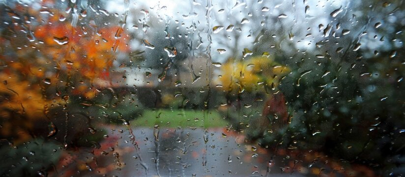 Rain Drops on Glass, Blurred Autumn View