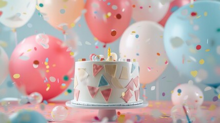 minimalist white cake with pastel geometric patterns, set against a backdrop of a lively, modern minimalist birthday celebration