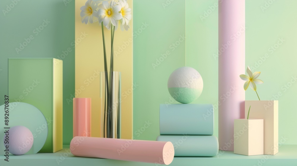 Poster a colorful display of various shapes and objects, including a vase with a flower