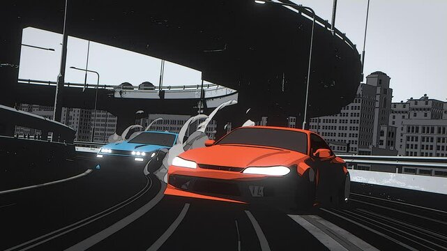 Retro cars drifting on the road, loop animation