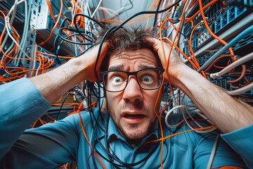 Overwhelmed Technician Working On Server Racks With Tangled Cables