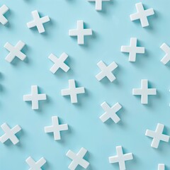 Obraz premium White Plus Signs Pattern on Blue Pastel Background - Minimalist Graphic Design Concept for Social Media or Website