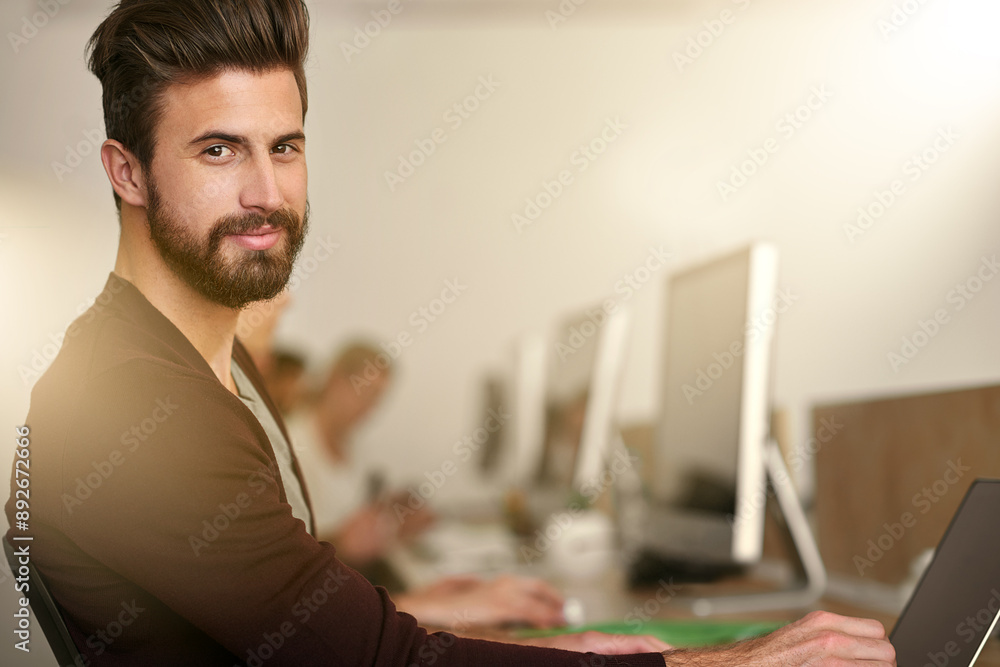 Poster small business, businessman and portrait in office for ui design, creativity and working at computer