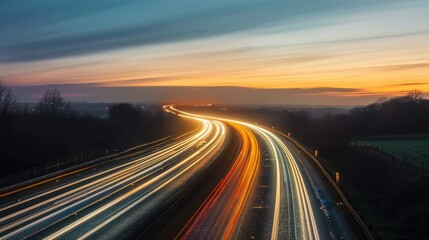 A colorful, blurry image of a highway with a sunset in the background. The colors of the sunset are orange and pink, creating a warm and peaceful mood. The highway is filled with cars