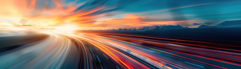A colorful, blurry image of a highway with a sunset in the background. The colors of the sunset are orange and pink, creating a warm and peaceful mood. The highway is filled with cars