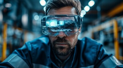 Factory worker using AR glasses, assembling parts