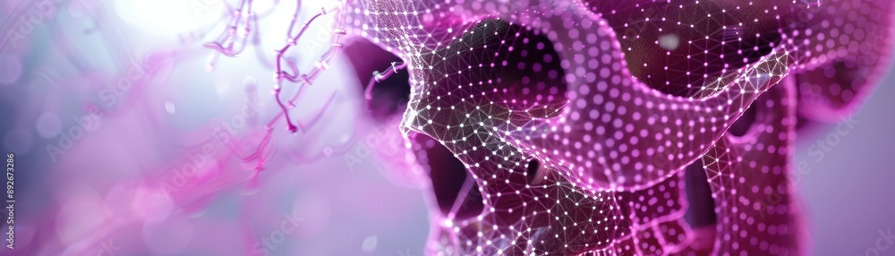 Poster a skull with purple lines surrounding it. the skull is surrounded by purple lines that are connected