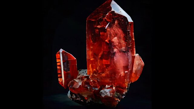 A large, red garnet crystal cluster sits on a black background. The crystal is highly reflective, and its facets are visible in the light. 
