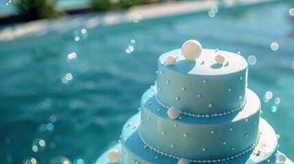 sleek, aqua blue cake with minimalist white bubble designs, set against a backdrop of a refreshing, poolside summer bash
