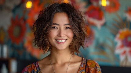 Woman in Floral Background Smiling