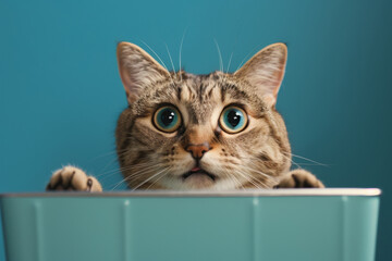 A cat with blue eyes stares at the camera