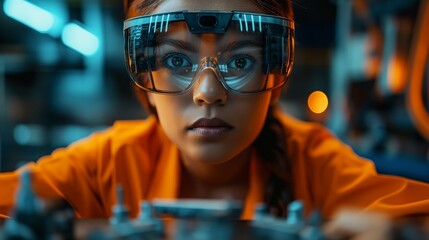 Factory worker using AR glasses, assembling parts