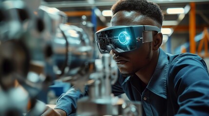 Factory worker using AR glasses, assembling parts
