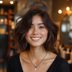 Obraz premium Woman with Short Hair Smiling in Cozy Store