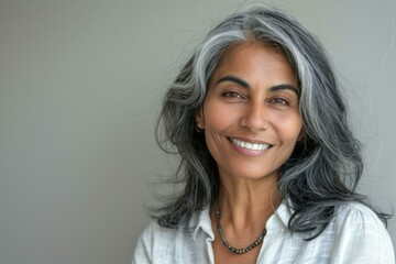 Fototapeta premium Smiling Indian Woman with Grey Hair - Portrait - Authentic Diversity, Aging & Elderly Beauty