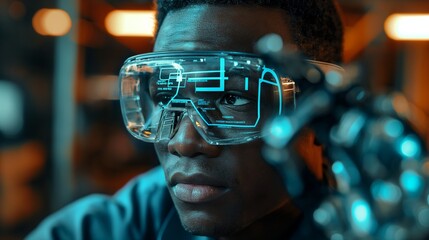 Factory worker using AR glasses, assembling parts