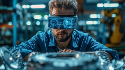 Factory worker using AR glasses, assembling parts