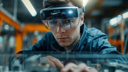 Factory worker using AR glasses, assembling parts